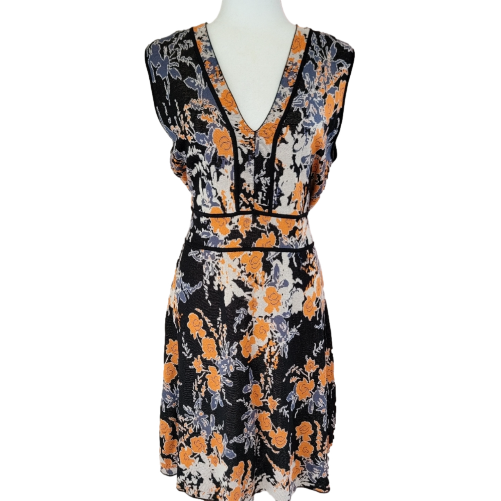 BCBGMaxAzria Black Orange Blue Floral Sleeveless Mini ALine Dress Size Large EUC